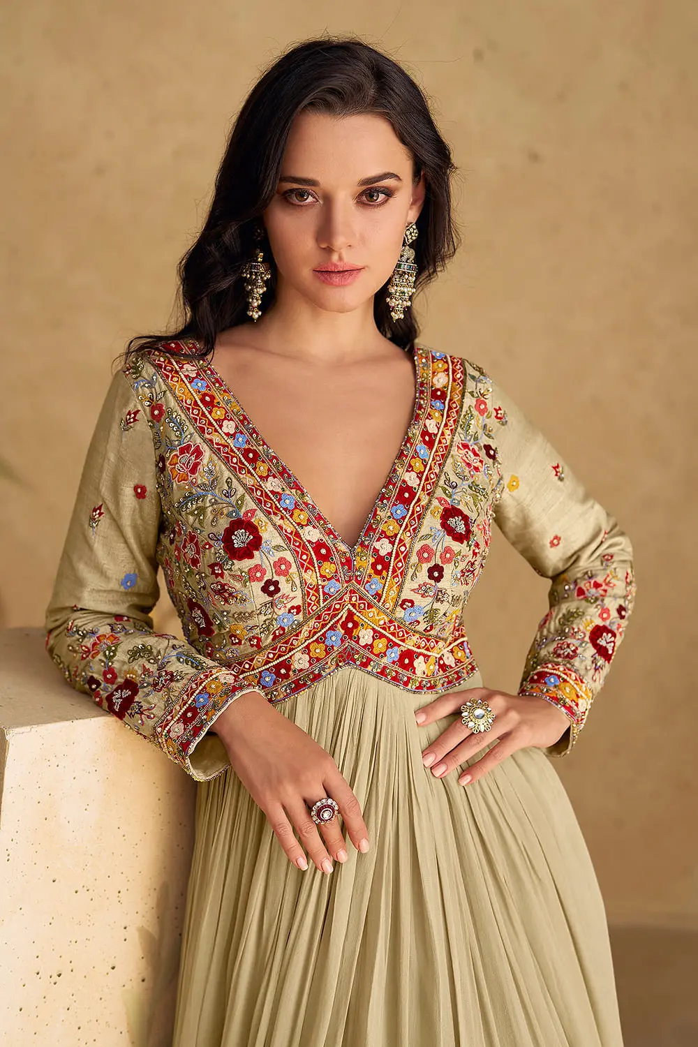 Close up of beige georgette anarkali gown bodice detailing