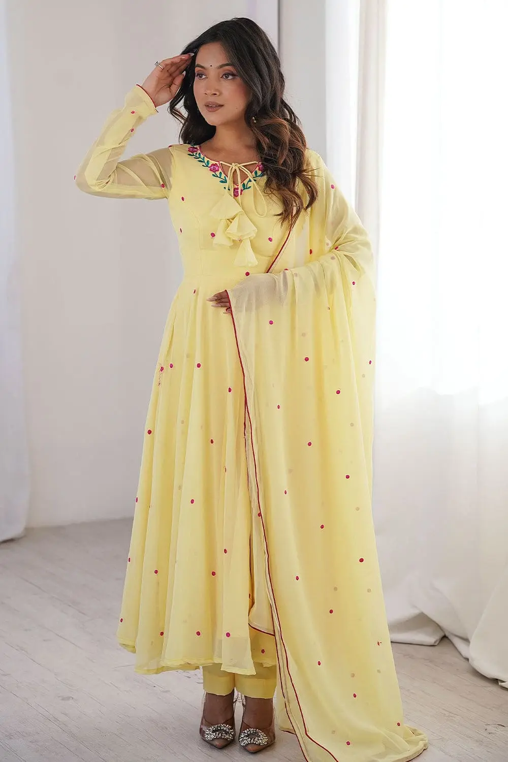 Yellow Heavy Faux Georgette Designer Embroidered Anarkali Set with Thread Work Dupatta and Micro Cotton Pant Yellow Heavy Faux Georgette Designer Embroidered Anarkali Set with Thread Work Dupatta and Micro Cotton Pant