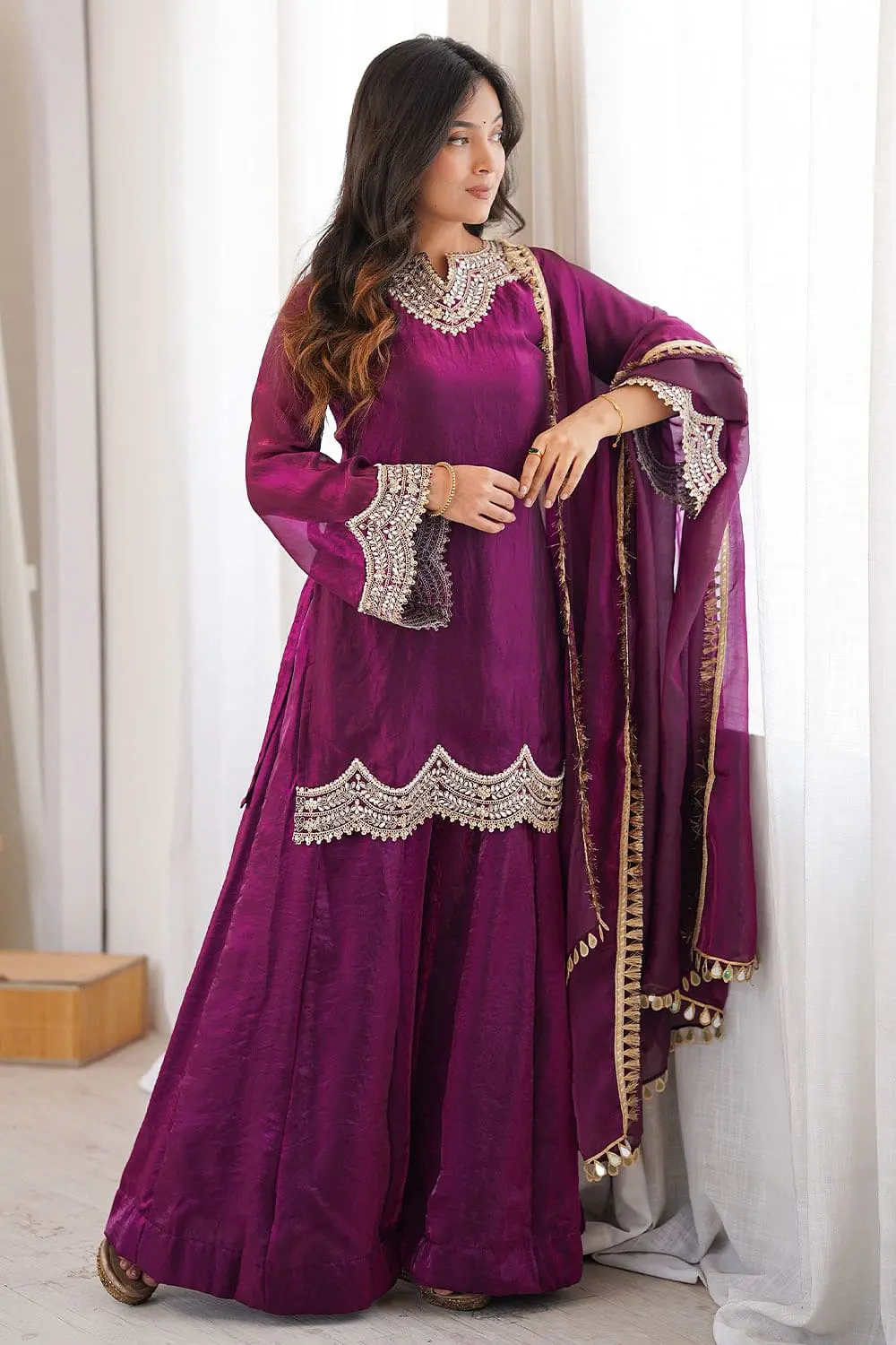 Full length front purple party wear salwar kameez