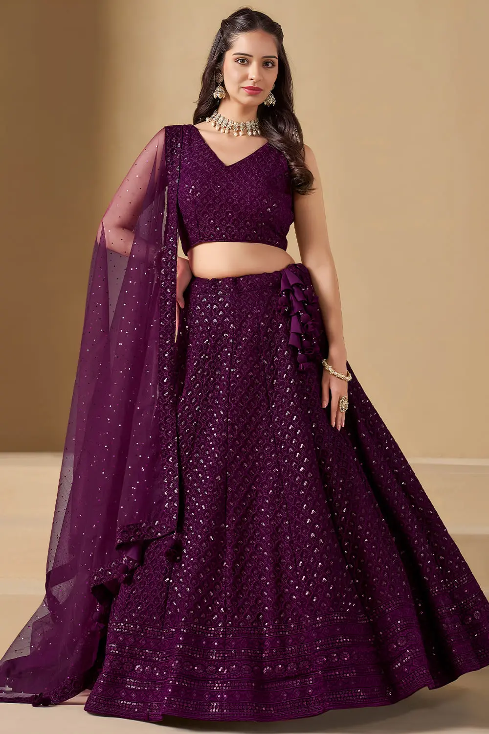 Magnificent Wine Sequin and Thread Embroidered Georgette Lehenga Magnificent Wine Sequin and Thread Embroidered Georgette Lehenga