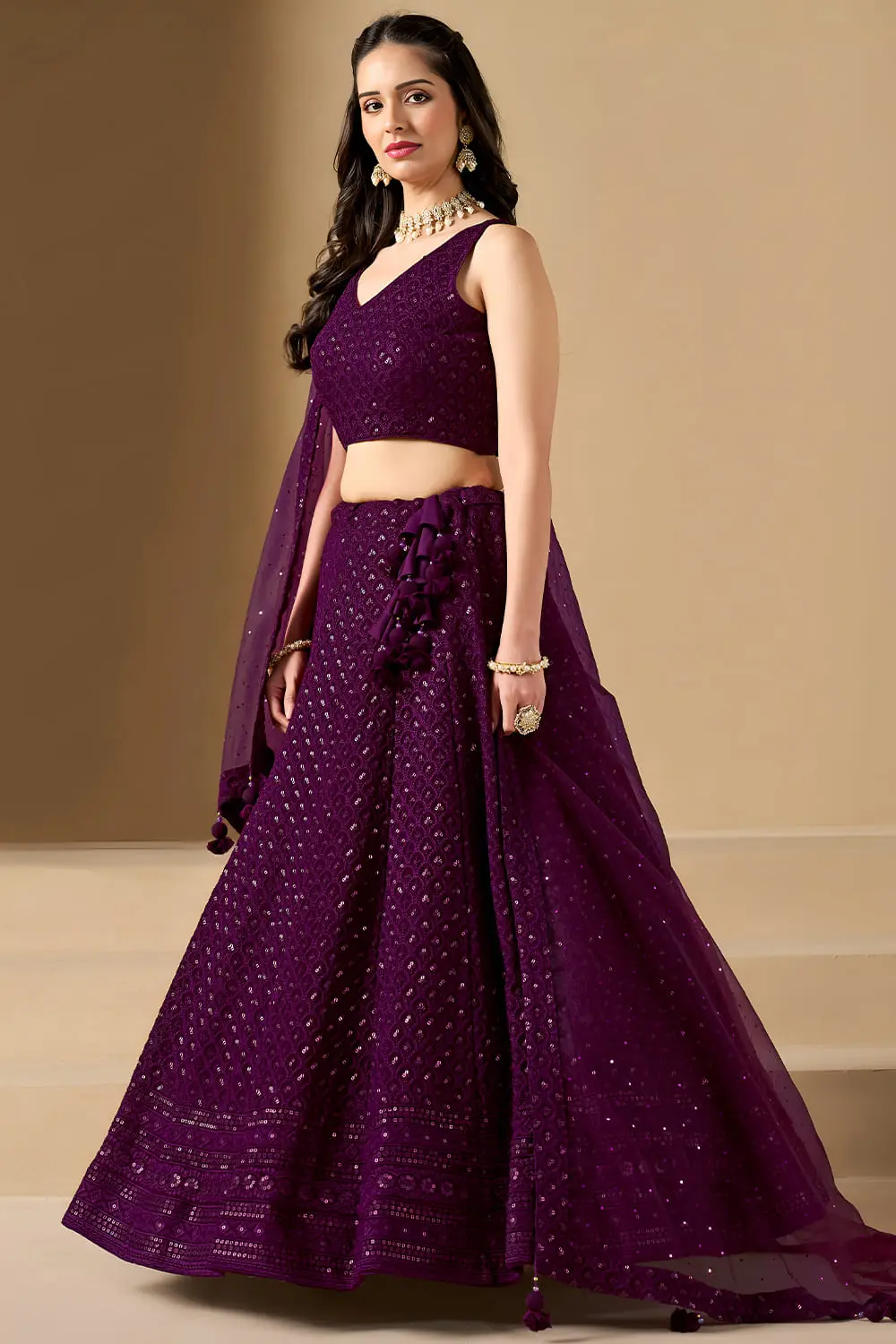 Right profile highlighting the sweeping silhouette of the formal reception maxi skirt
