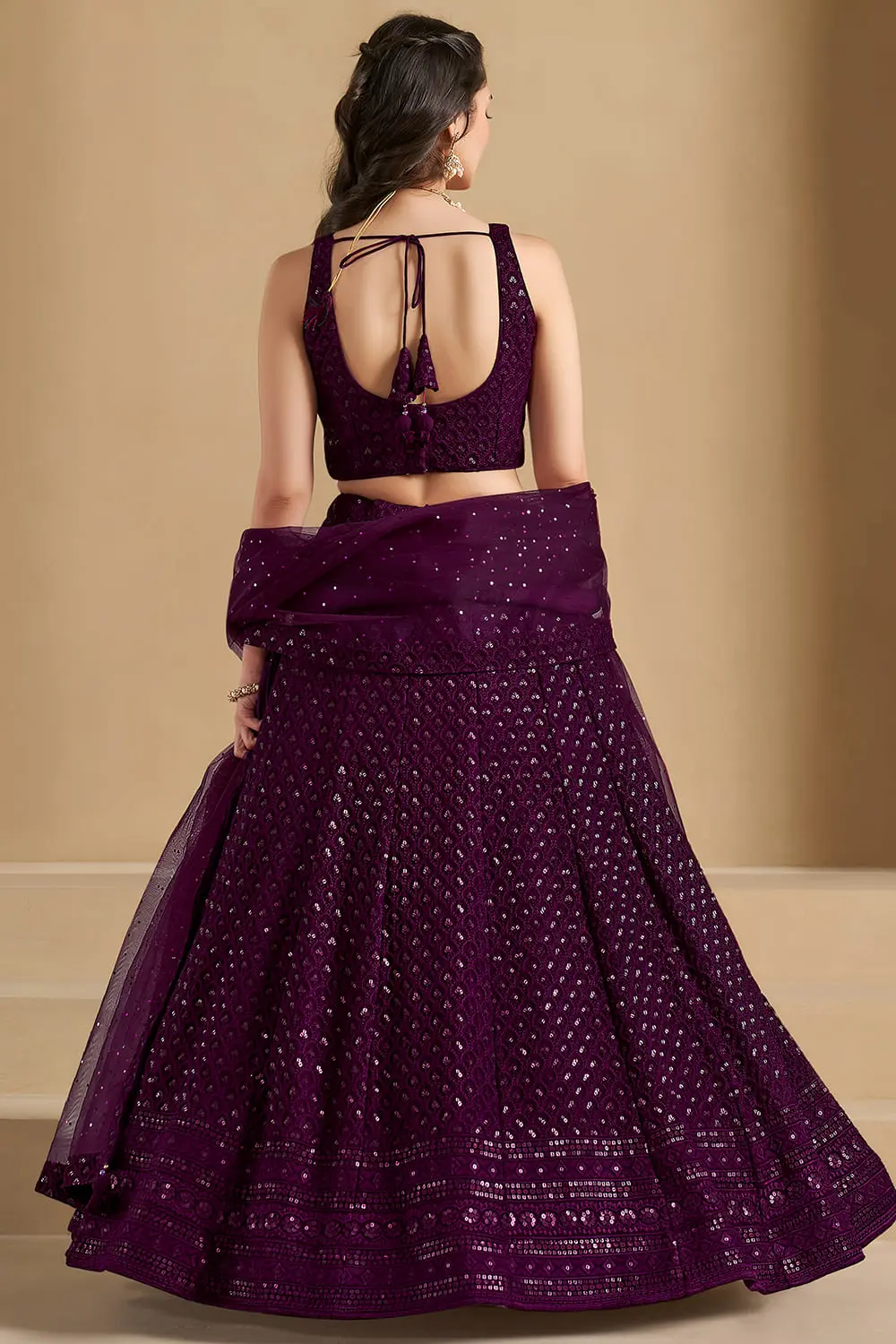 Detailed view of the stylish back neckline and georgette fabric texture