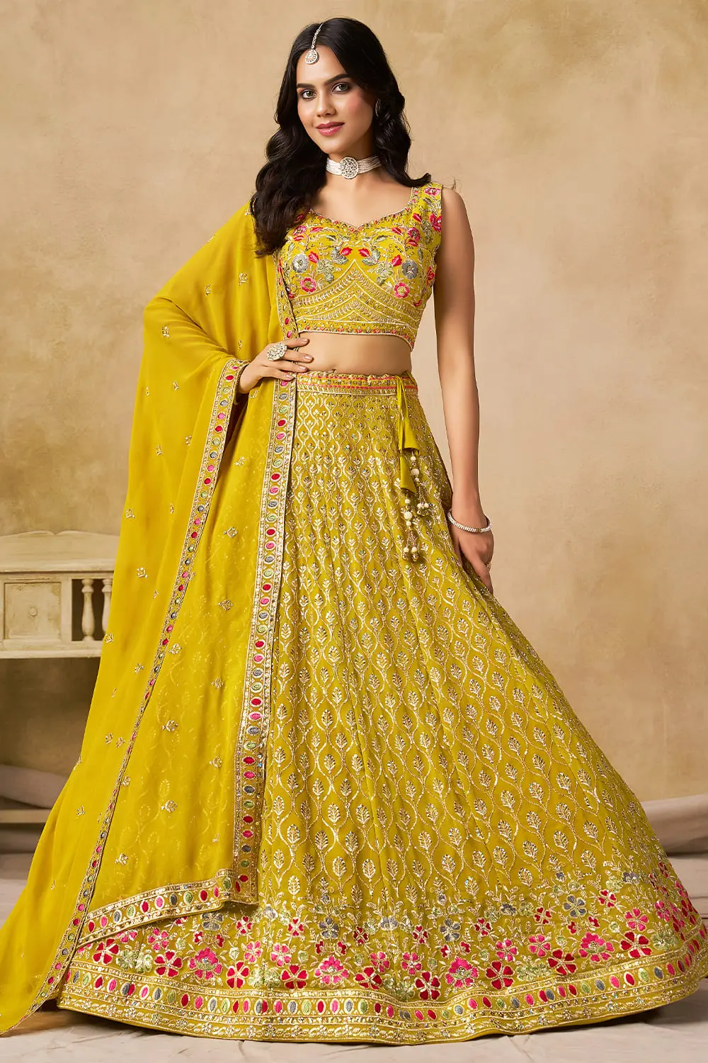 Yellow Georgette Lehenga Set with Sequins, Thread Embroidery and Georgette Dupatta Yellow Georgette Lehenga Set with Sequins, Thread Embroidery and Georgette Dupatta