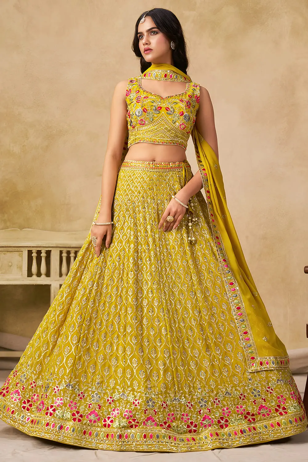 Yellow sequin georgette lehenga set with matching dupatta full view